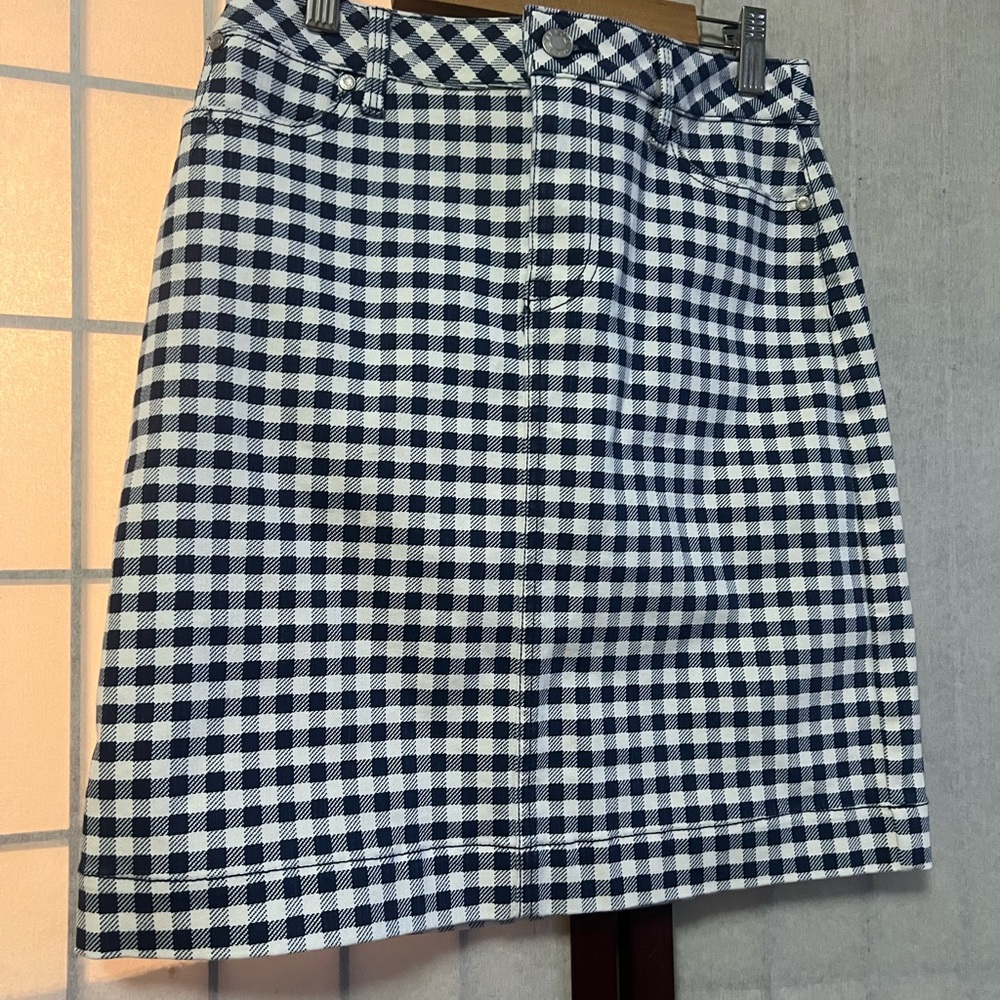 Talbots Petite Classic Blue and White Gingham flat front Denim Skirt‎ size 0P